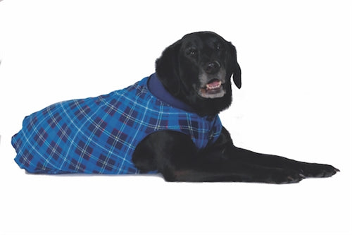 Dog fleece pullover sweater in blue plaid with navy turtleneck collar