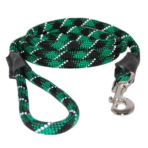 Green reflective rope dog leash with braided pattern and metal clip clasp