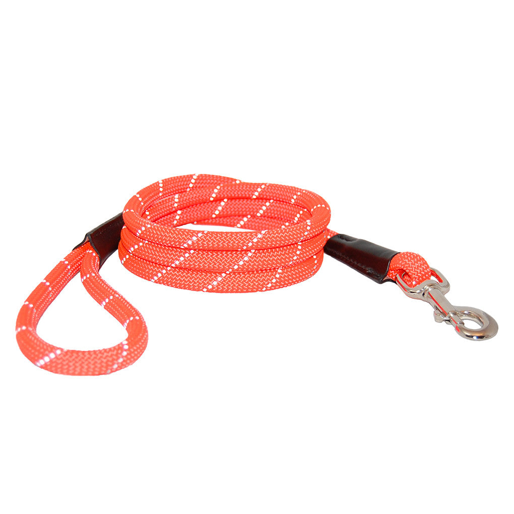 Orange reflective rope dog leash with metal clasp and padded handle