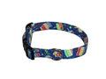 Blue dog collar with colorful birthday icons, metal buckle and D-ring