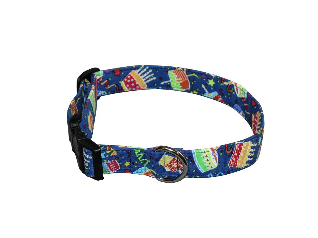 Blue dog collar with colorful birthday icons, metal buckle and D-ring