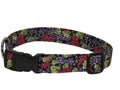 Grapevines dog collar with purple, green, and burgundy floral pattern; black buckle.