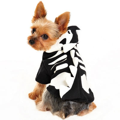 Dog Halloween costume hoodie in black with white dragon-skull skeleton print, front view