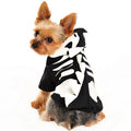 Dog Halloween costume hoodie in black with white dragon-skull skeleton print, front view