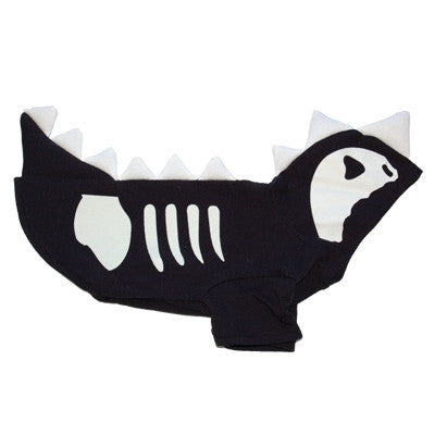 Dog Halloween costume hoodie black with white skull and ribcage design, laid flat