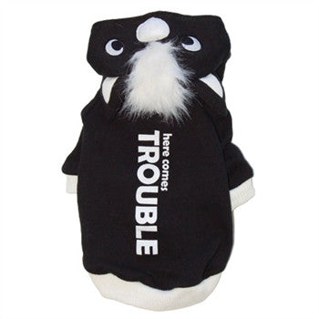 Black dog sweatshirt with skunk face hood and large 'Trouble' text on back