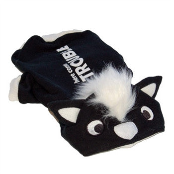 Black skunk dog sweatshirt with fuzzy white trim, hooded 'trouble' print on top