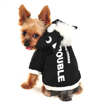 Black skunk dog hoodie sweatshirt with white muzzle, 'trouble' logo on front