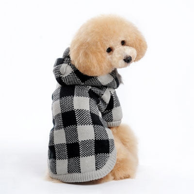Black-and-white checkered dog sweater coat with hood and zipper front