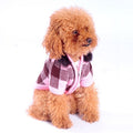 Pink and dark checkered dog sweater coat with hood and full zipper front