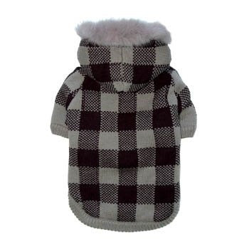 Black-and-white plaid dog sweater coat with gray cuffs and hood