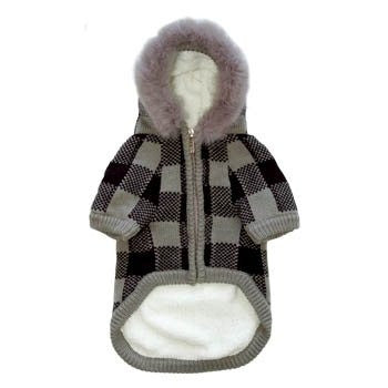 Plaid dog sweater coat with fuzzy-lined hood and front zipper pouch