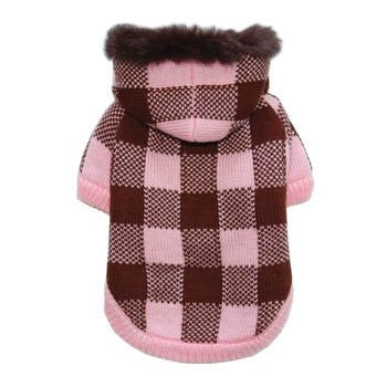 Checked dog sweater coat with hood, maroon-and-pink pattern, ribbed hem