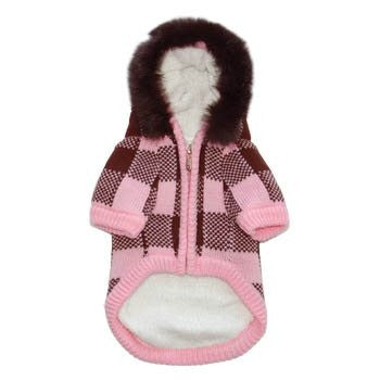 Pink knit dog hoodie coat with dark check paneling, zip front, ribbed cuffs