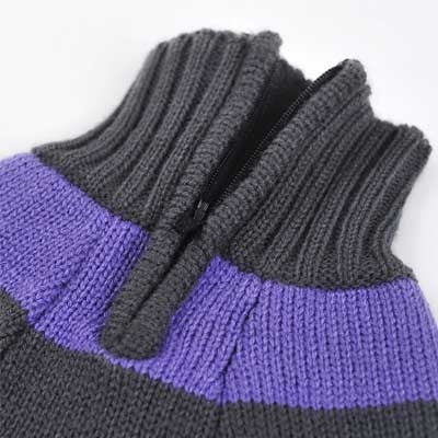 Close-up of purple and charcoal striped ribbed dog sweater cuffs and knit texture