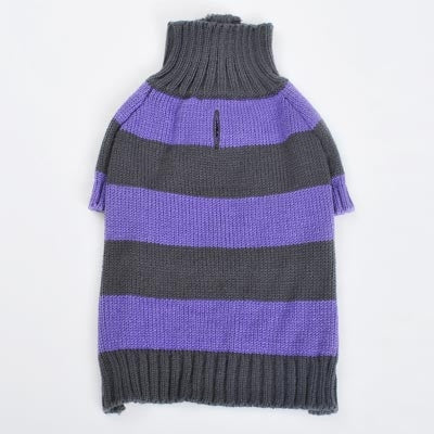 Purple and charcoal striped knit dog turtleneck pullover with ribbed collar