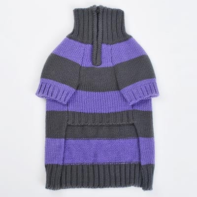 Purple and charcoal striped knit dog turtleneck sweater with ribbed collar and hem