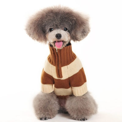 Brown and cream striped turtleneck dog sweater with ribbed collar and sleeve cuffs