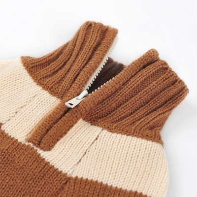 Brown and cream striped dog sweater knit with zipper front close-up