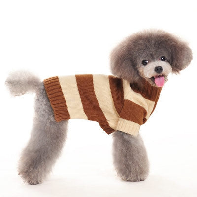 Brown and cream striped turtleneck dog sweater with knit sleeves and hem