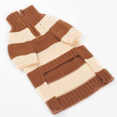 Brown and cream striped knit dog turtleneck sweater laid flat with ribbed trim