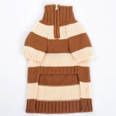 Brown and cream striped knit dog turtleneck sweater with ribbed cuffs