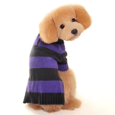 Purple and charcoal striped dog sweater with high ribbed turtleneck