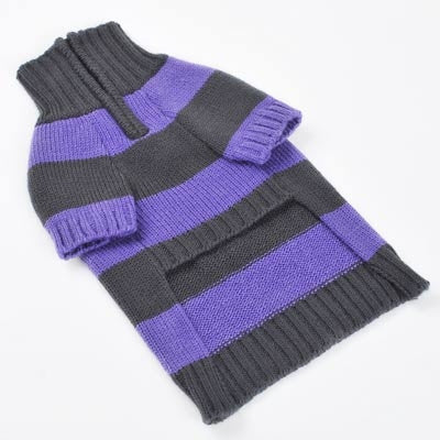 Folded purple and charcoal striped dog turtleneck sweater with ribbed cuffs