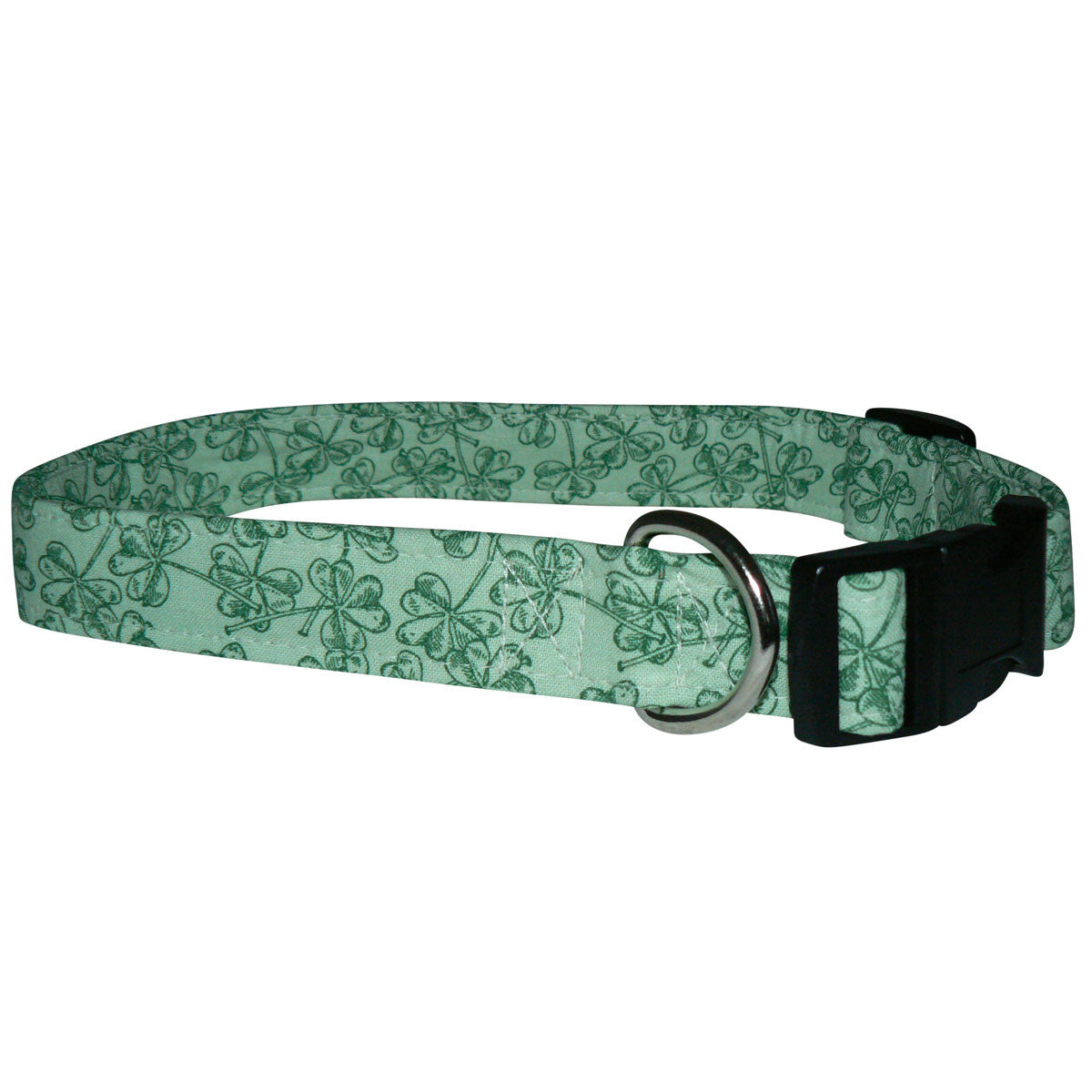 Green dog collar with shamrock pattern, adjustable black buckle and D-ring