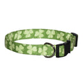 Green shamrock-pattern dog collar with black buckle and D-ring