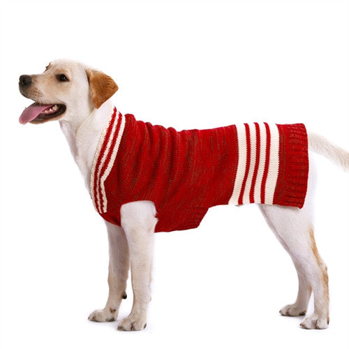 Red dog sweater with white striped cuffs and thick ribbed knit body