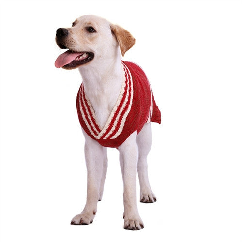 Red knit dog sweater with white striped trim and V-neck yoke
