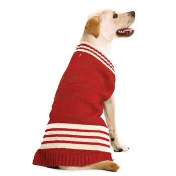 Red dog sweater with white striped band at hem and ribbed knit edge