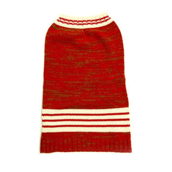 Red dog sweater front view with white striped hem band