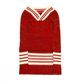 Red dog sweater flat lay with V-neck and white striped collar and hem