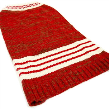 Red dog sweater sleeve and side close-up with white stripe detail
