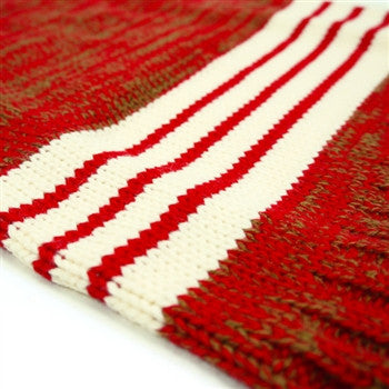 Red knit dog sweater close-up of white stripe panel on chest