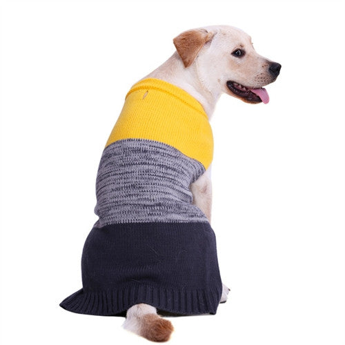 Yellow and dark navy color-block knit dog sweater with gray stripe