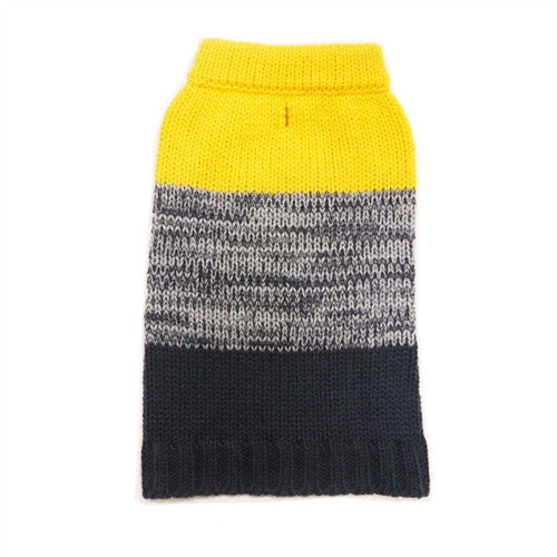 Dog sweater front: yellow top, gray stripe band, dark navy knit bottom
