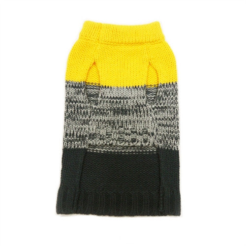 Dog sweater back view: yellow yoke, gray stripe, dark navy lower panel