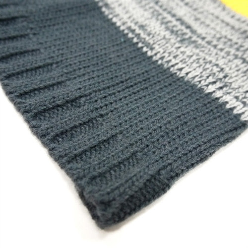 Charcoal gray knit cuff with light gray and white ribbed trim
