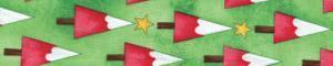 Close-up of green holiday dog collar fabric with red and white tree and star print