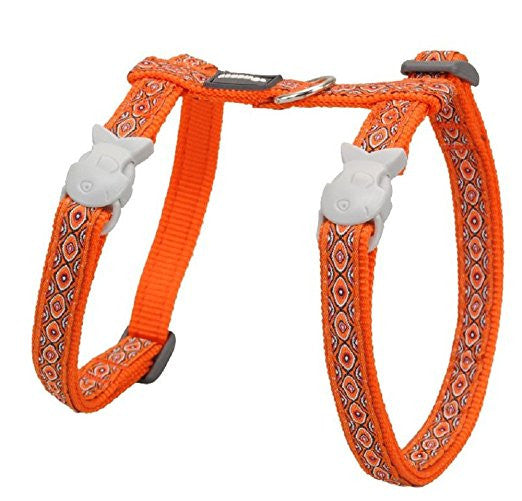 Red Dingo cat harness, orange patterned with gray buckles and padded chest piece