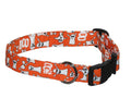 Elmo's Closet Boo dog collar in orange with cartoon dog faces, black buckle