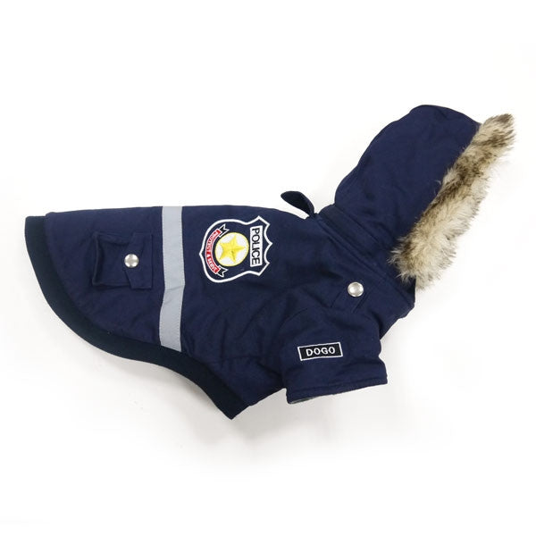 Navy police dog jacket with reflective stripe, hood, and Doggo label