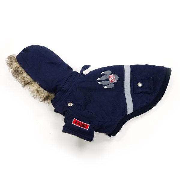 Navy police dog jacket with reflective stripe, fur hood trim, and front patches