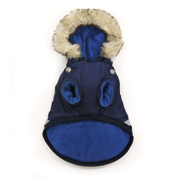 Navy dog jacket with hood and fur trim, open back panel and sleeve openings