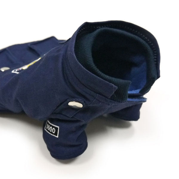 Dark blue dog jacket sleeve with cuff opening and small DOG patch