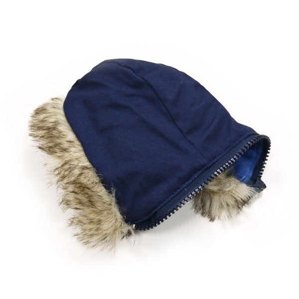 Dark blue dog jacket hood with faux fur trim
