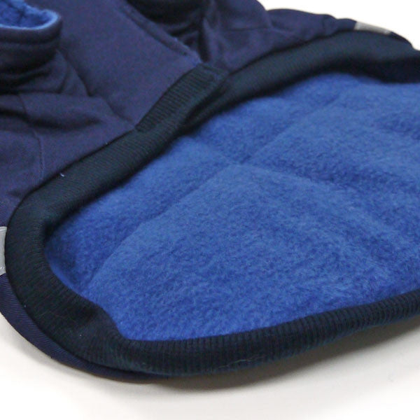 Dark blue dog jacket interior with fleece lining and elastic trim